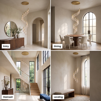 Zephyra spiral crystal chandelier shown in entry, dining, stairwell and landing settings